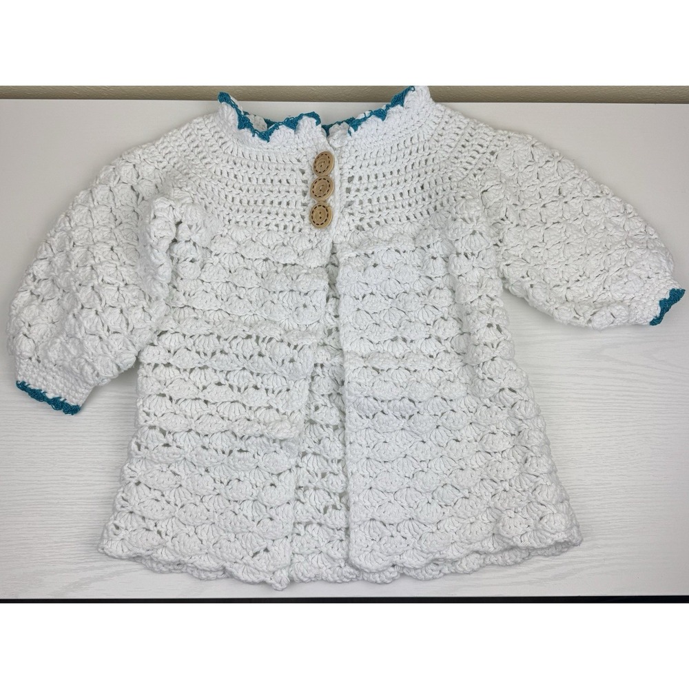 Handmade Crochet Baby Cardigan White Boho Sweater Cottagecore 18-24M Shell Stitc